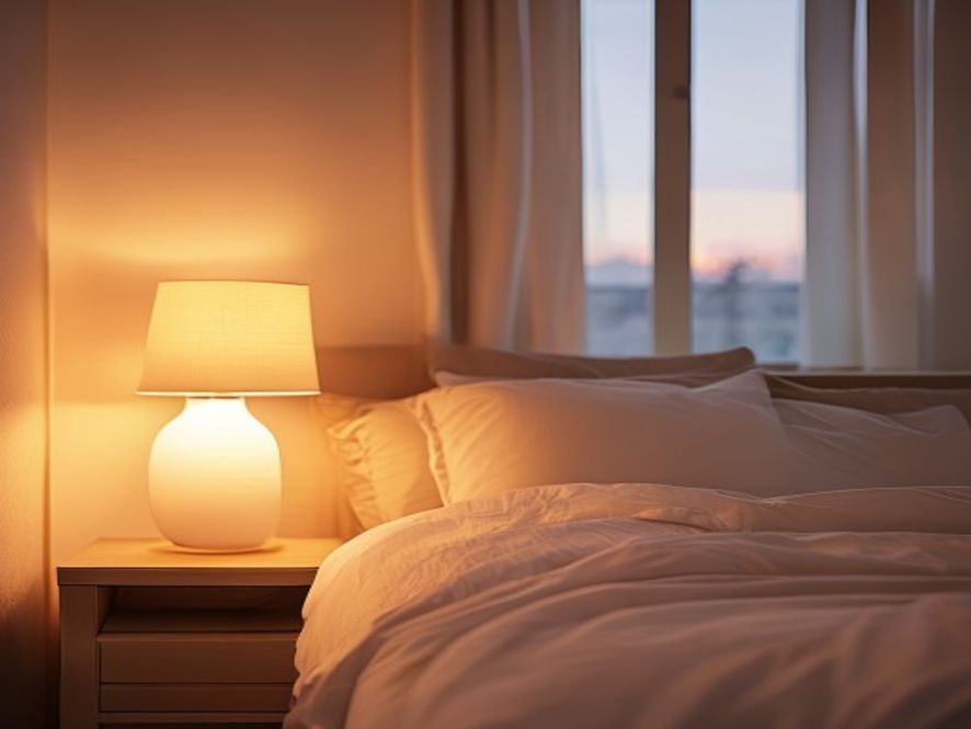 A softly lit bedroom in the evening with a neatly made bed, bedside lamp with warm glow, and minimalist decor