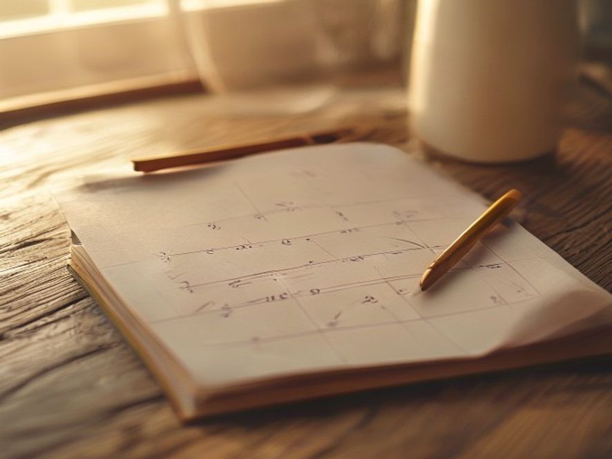 A calendar showing marked evening routine checkpoints, with a pen nearby on a light wooden desk